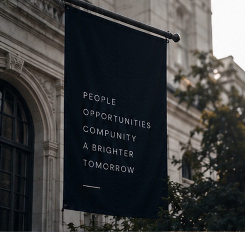 Navy banner hanging from a historic campus building