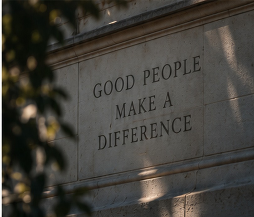 Campus stone wall engraved with the words Good People Make A Difference