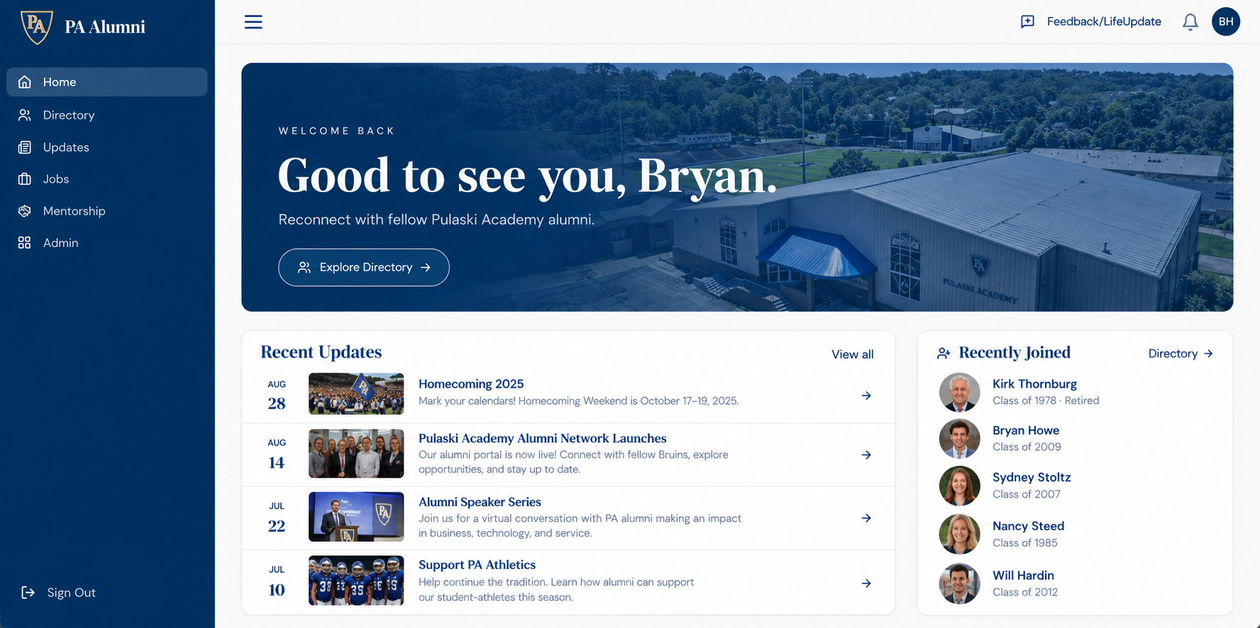 GradeMark alumni portal dashboard showing recent updates, recently joined members, and navigation