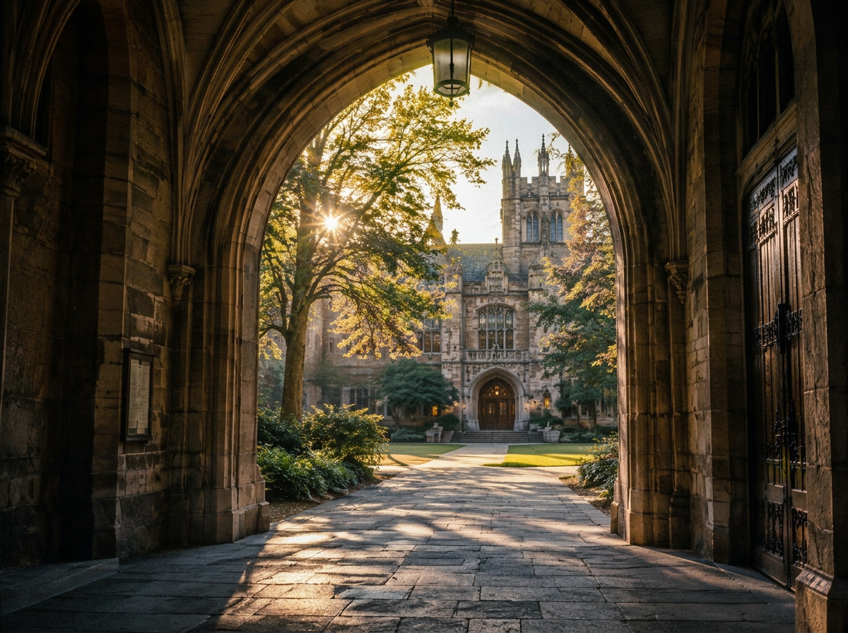 View through a stone archway onto a historic campus courtyard